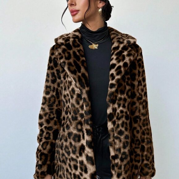 Brown Casual Women's Leopard Print Faux Fur Coat jacket - Picture 5 of 11
